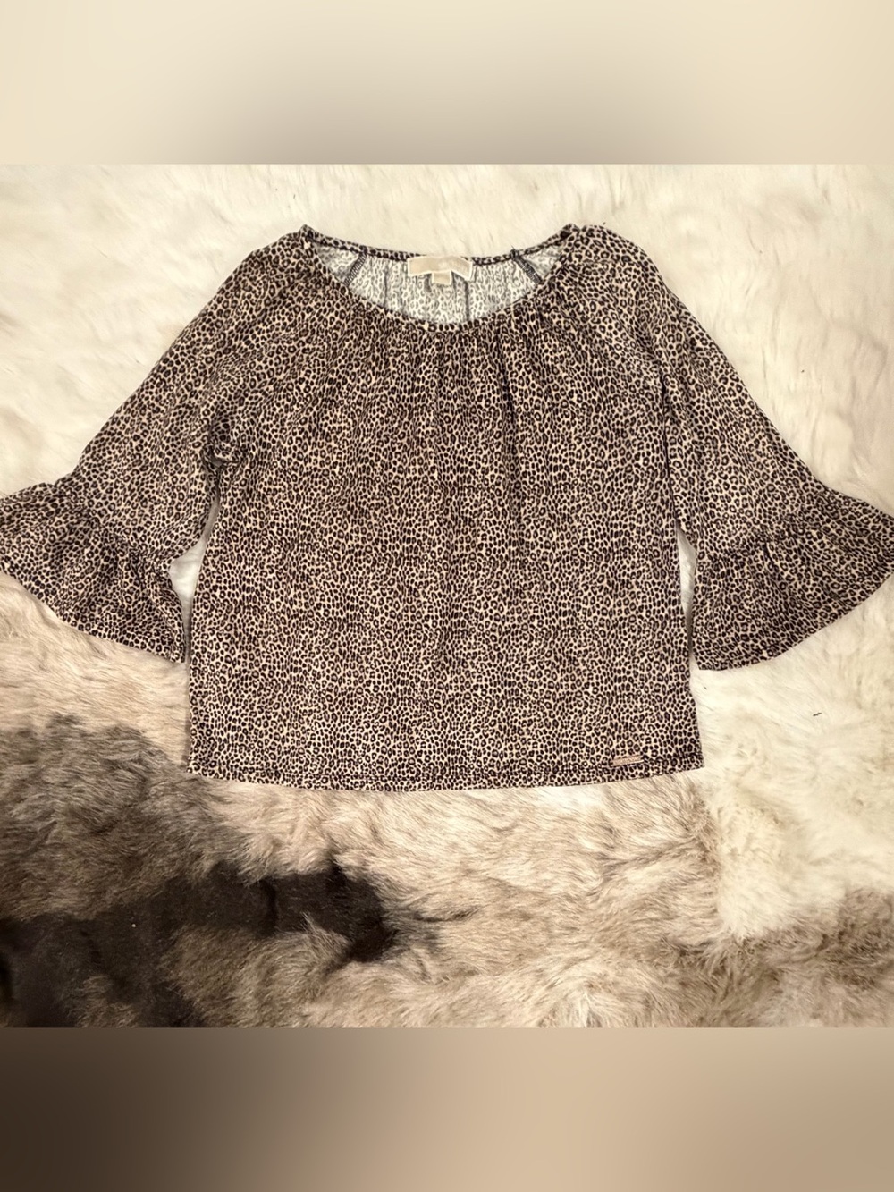 Michael Kors Leopard Animal Print Scoop Neck Blouse Ruffle 3/4 Sleeves Small